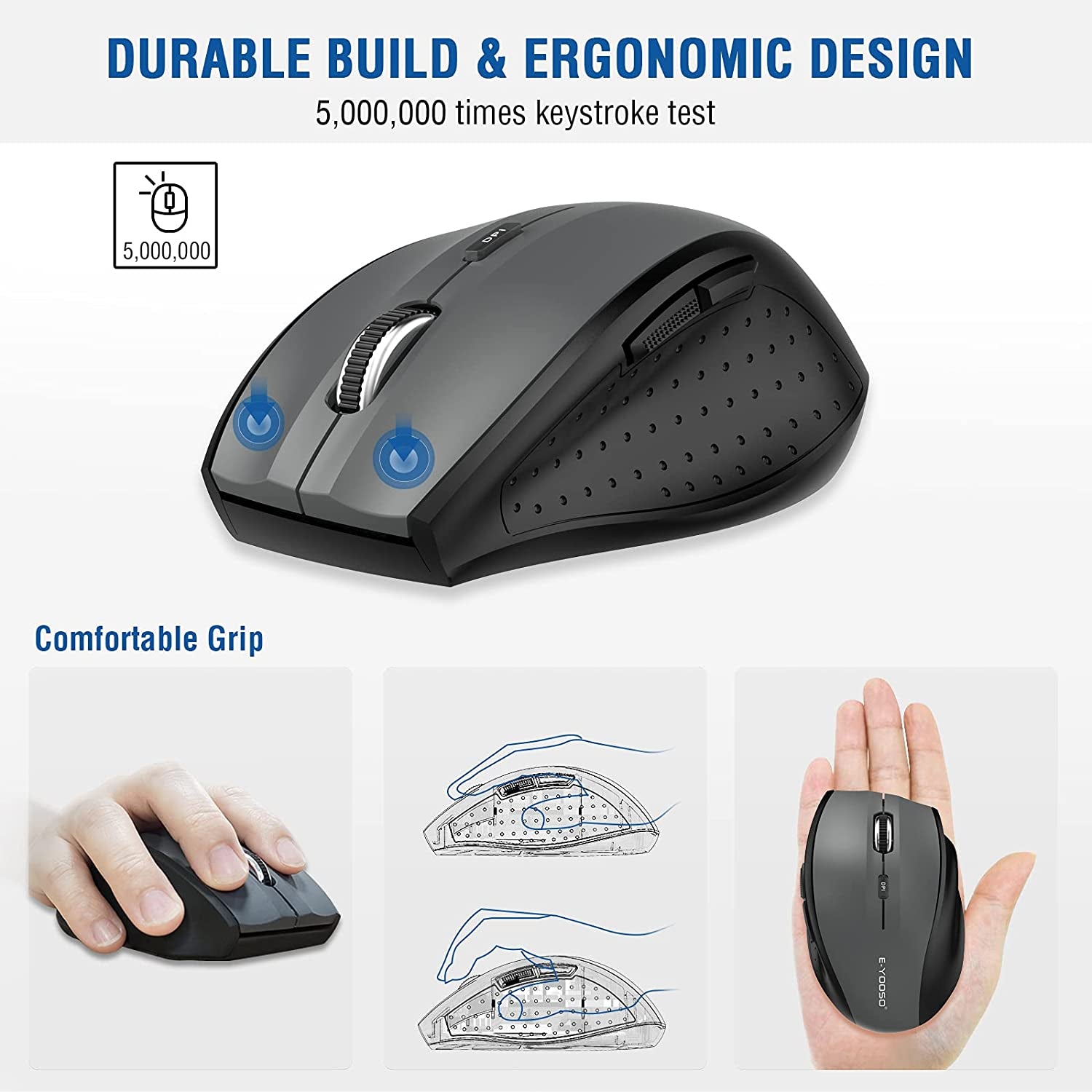 Wireless Mouse for Laptop, Portable Optical Computer Mouse, 6 Buttons, Cordless 2.4Ghz with USB Receiver, 5-Level 4800 DPI, 18 Months Battery Life, for PC, Chromebook, Windows, Mac