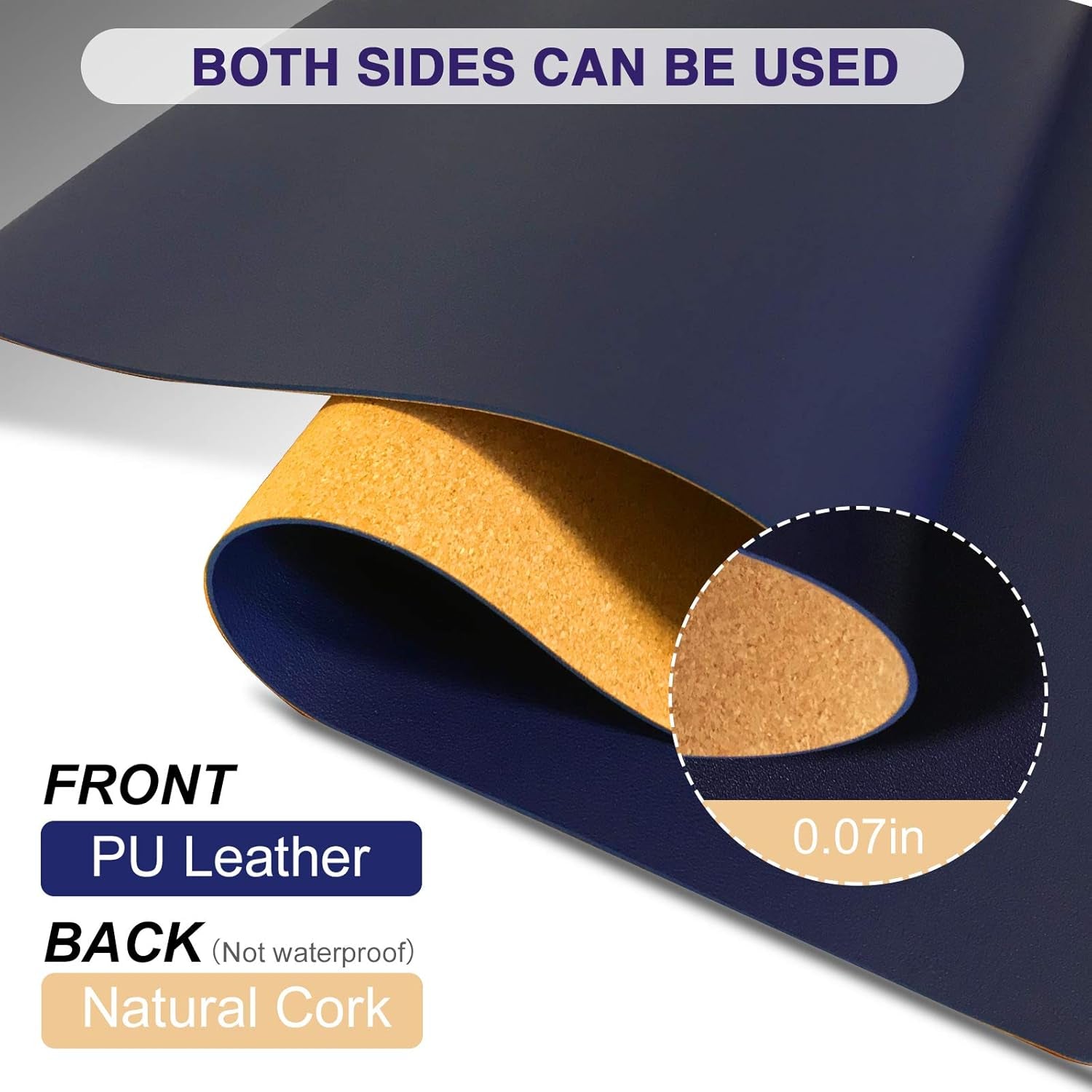 Large Natural Cork & Leather Desk Pad, Double-Sided Desk Protector, Smooth Surface Mouse Pad, Waterproof Desk Mat for Office/Home/Gaming (32" X 16" Navy Blue)