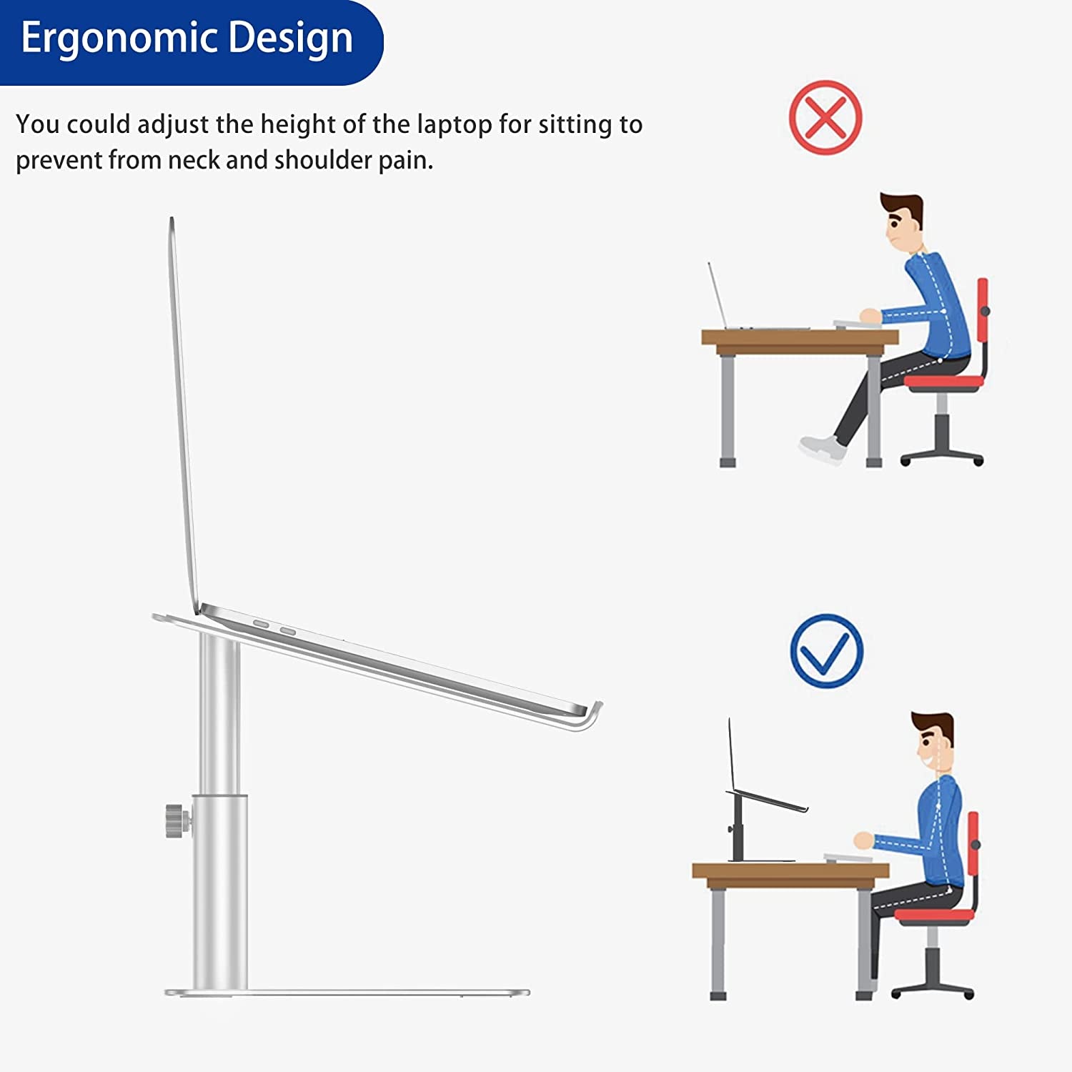 LSX3 Aluminum Laptop Stand, Ergonomic Adjustable Notebook Stand, Riser Holder Computer Stand Compatible with Air, Pro, Dell, HP, Lenovo More 10-15.6" Laptops (Silver)