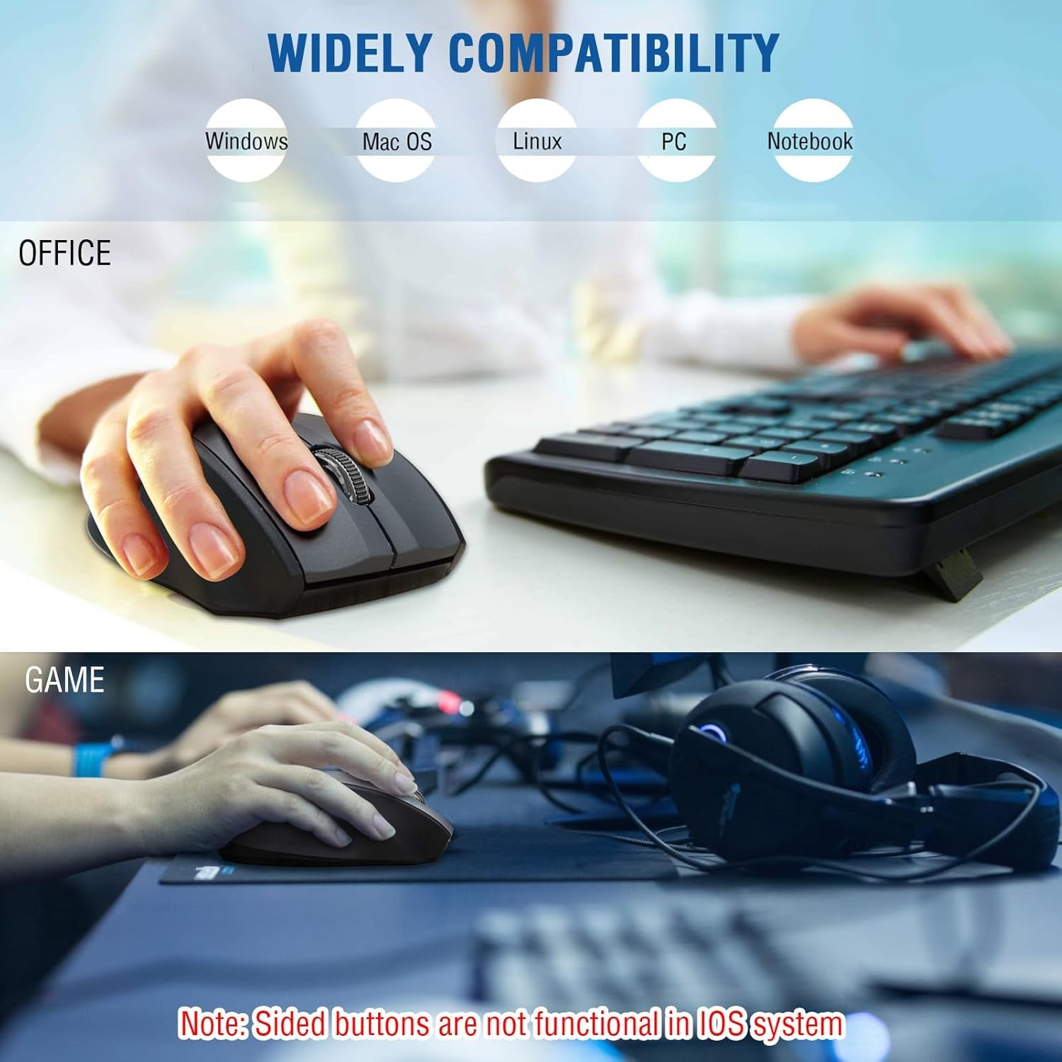 Wireless Mouse for Laptop, Portable Optical Computer Mouse, 6 Buttons, Cordless 2.4Ghz with USB Receiver, 5-Level 4800 DPI, 18 Months Battery Life, for PC, Chromebook, Windows, Mac